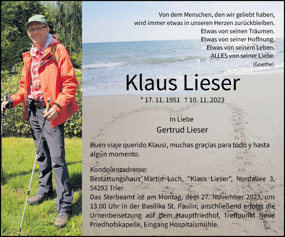  Traueranzeige für Klaus Lieser vom 22.11.2023 aus trierischer_volksfreund