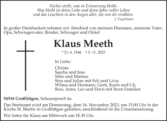 Traueranzeige von Klaus Meeth von trierischer_volksfreund