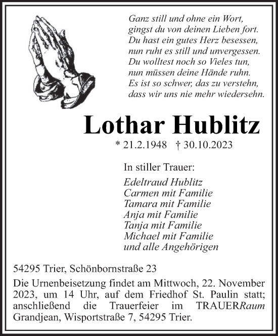 Traueranzeige von Lothar Hublitz von trierischer_volksfreund