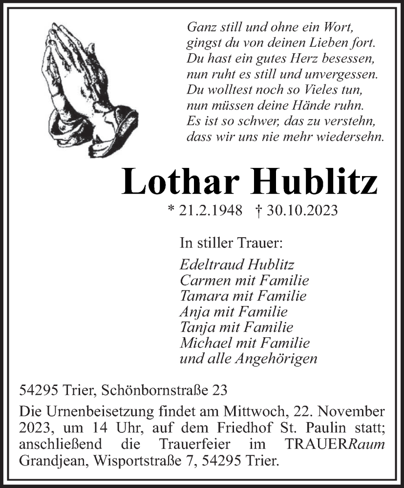  Traueranzeige für Lothar Hublitz vom 18.11.2023 aus trierischer_volksfreund