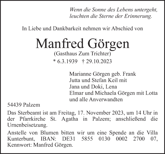 Traueranzeige von Manfred Görgen von trierischer_volksfreund