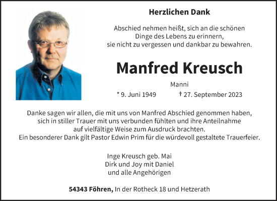 Traueranzeige von Manfred Kreusch von trierischer_volksfreund