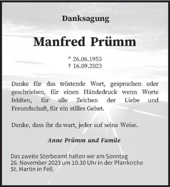 Traueranzeige von Manfred Prümm von trierischer_volksfreund