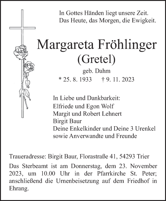 Traueranzeige von Margareta Fröhlinger von trierischer_volksfreund