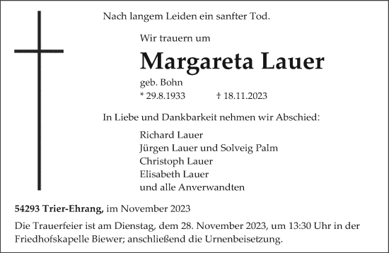 Traueranzeige von Margareta Lauer von trierischer_volksfreund