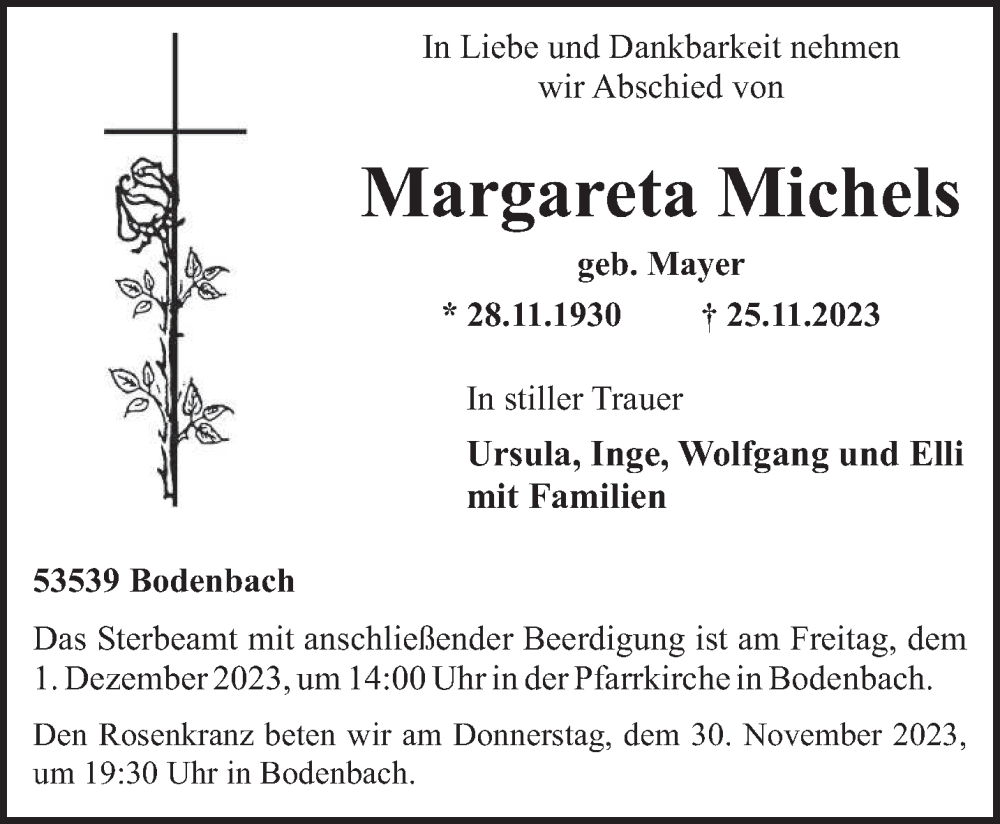  Traueranzeige für Margareta Michels vom 29.11.2023 aus trierischer_volksfreund