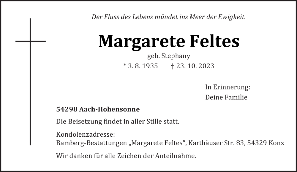  Traueranzeige für Margarete Feltes vom 31.10.2023 aus trierischer_volksfreund