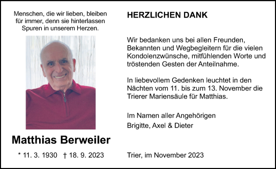 Traueranzeige von Matthias Berweiler von trierischer_volksfreund