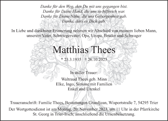 Traueranzeige von Matthias Thees von trierischer_volksfreund
