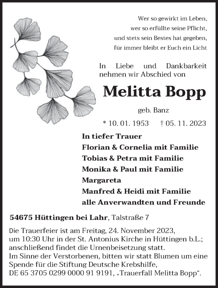  Traueranzeige für Melitta Bopp vom 18.11.2023 aus trierischer_volksfreund