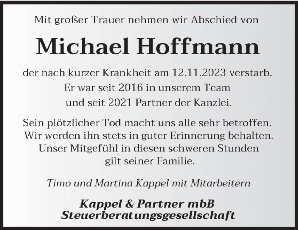  Traueranzeige für Michael Hoffmann vom 18.11.2023 aus trierischer_volksfreund
