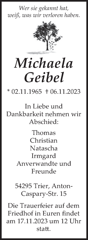  Traueranzeige für Michaela Geibel vom 11.11.2023 aus trierischer_volksfreund