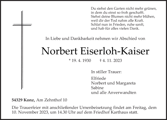 Traueranzeige von Norbert Eiserloh-Kaiser von trierischer_volksfreund