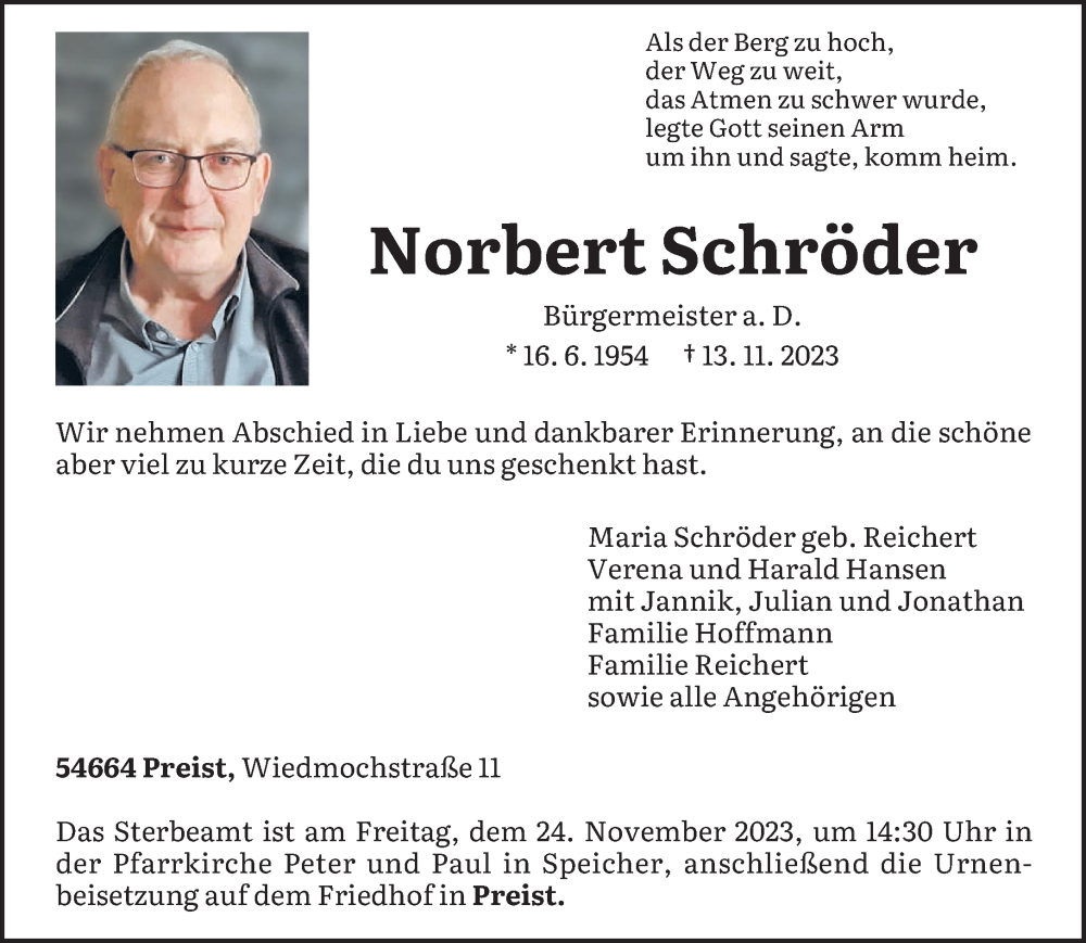  Traueranzeige für Norbert Schröder vom 18.11.2023 aus trierischer_volksfreund