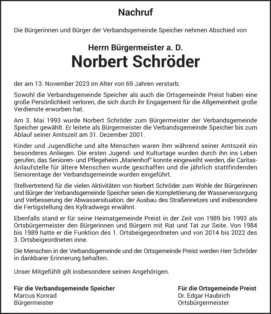  Traueranzeige für Norbert Schröder vom 18.11.2023 aus trierischer_volksfreund