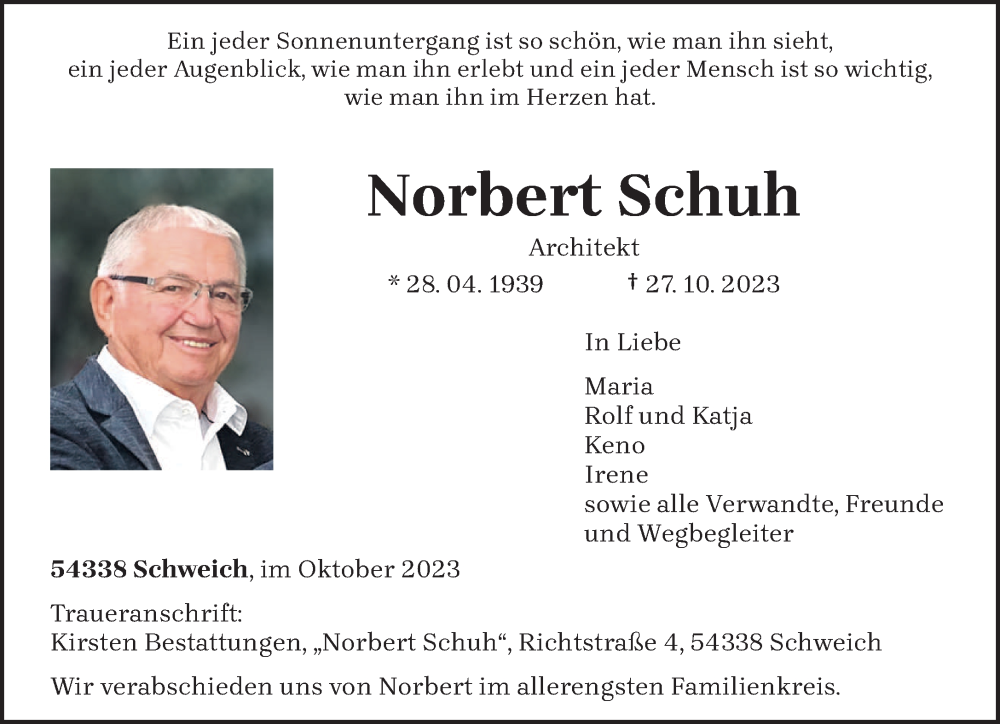  Traueranzeige für Norbert Schuh vom 04.11.2023 aus trierischer_volksfreund