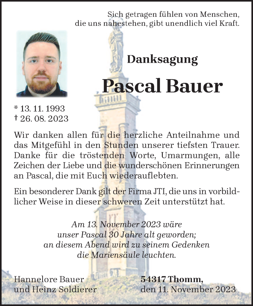  Traueranzeige für Pascal Bauer vom 11.11.2023 aus trierischer_volksfreund