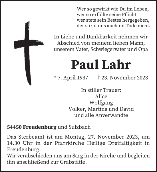 Traueranzeige von Paul Lahr von trierischer_volksfreund