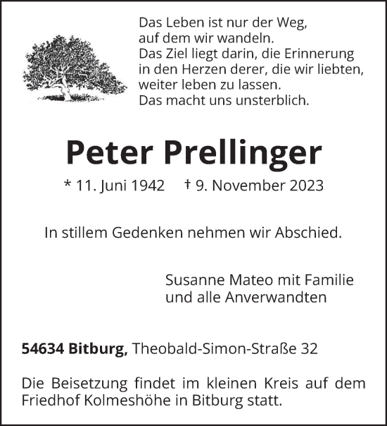 Traueranzeige von Peter Prellinger von trierischer_volksfreund