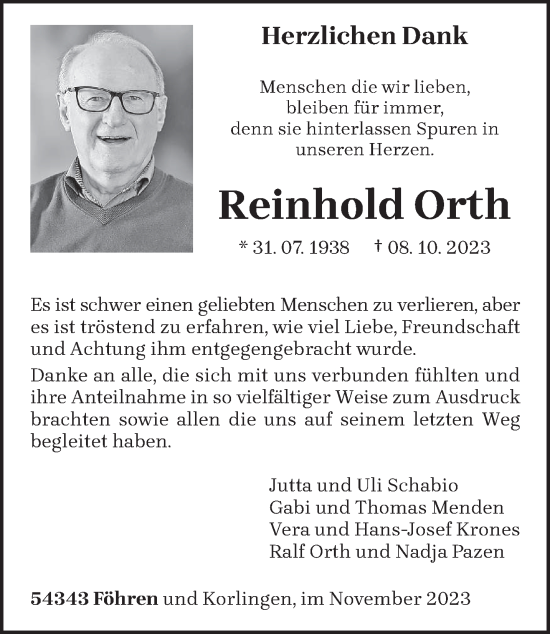 Traueranzeige von Reinhold Orth von trierischer_volksfreund