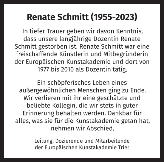 Traueranzeige von Renate Schmitt von trierischer_volksfreund
