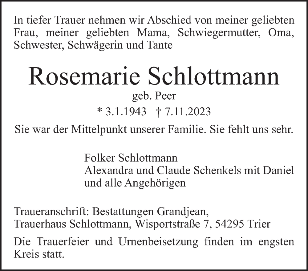  Traueranzeige für Rosemarie Schlottmann vom 18.11.2023 aus trierischer_volksfreund