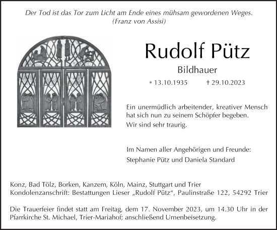 Traueranzeige von Rudolf Pütz von trierischer_volksfreund