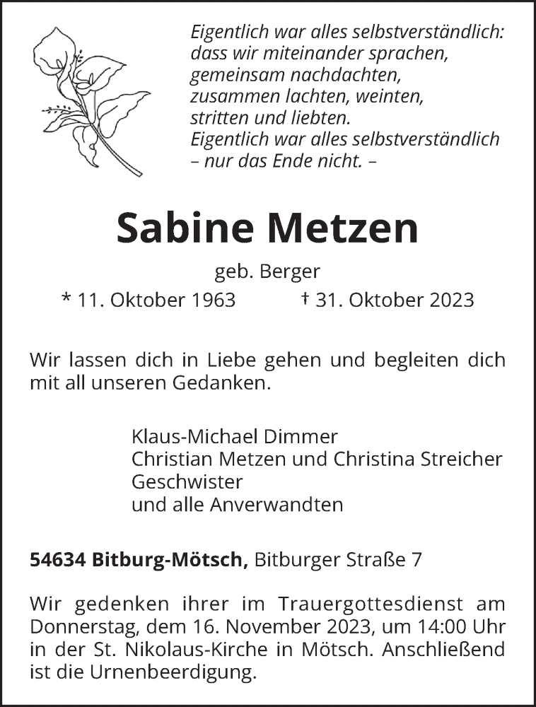  Traueranzeige für Sabine Metzen vom 04.11.2023 aus trierischer_volksfreund