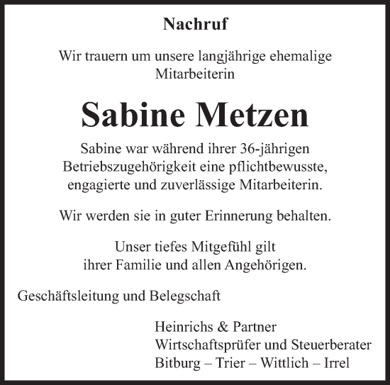 Traueranzeige von Sabine Metzen von trierischer_volksfreund