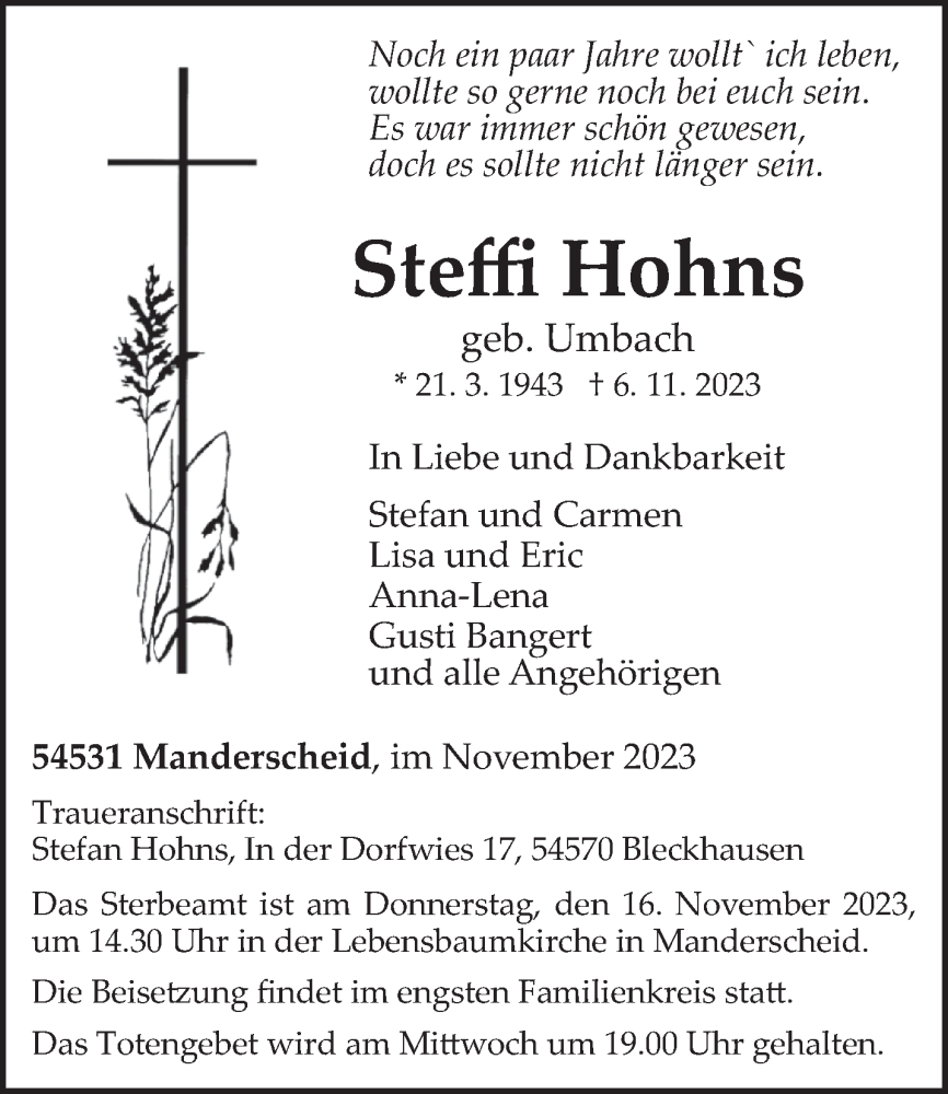  Traueranzeige für Steffi Hohns vom 11.11.2023 aus trierischer_volksfreund
