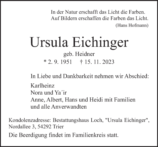 Traueranzeige von Ursula Eichinger von trierischer_volksfreund