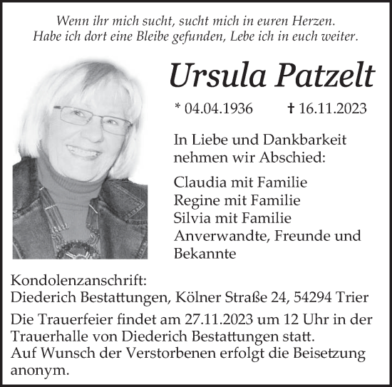 Traueranzeige von Ursula Patzelt von trierischer_volksfreund