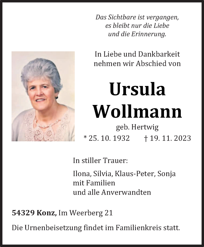  Traueranzeige für Ursula Wollmann vom 25.11.2023 aus trierischer_volksfreund
