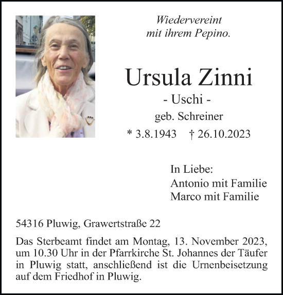 Traueranzeige von Ursula Zinni von trierischer_volksfreund