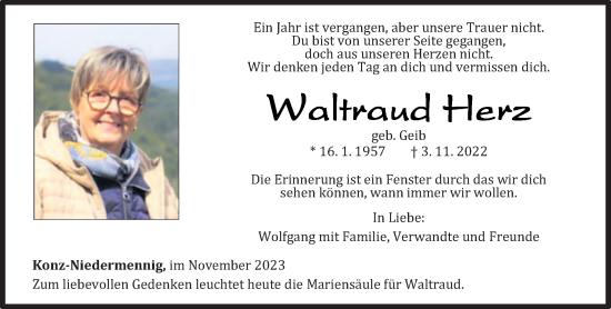 Traueranzeige von Waltraud Herz von trierischer_volksfreund