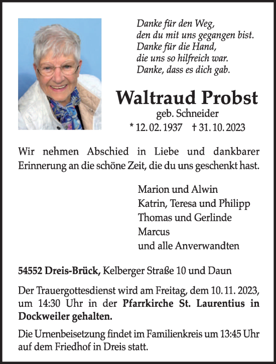 Traueranzeige von Waltraud Probst von trierischer_volksfreund
