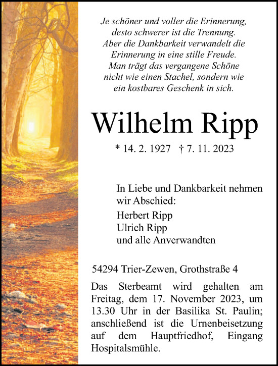 Traueranzeige von Wilhelm Ripp von trierischer_volksfreund