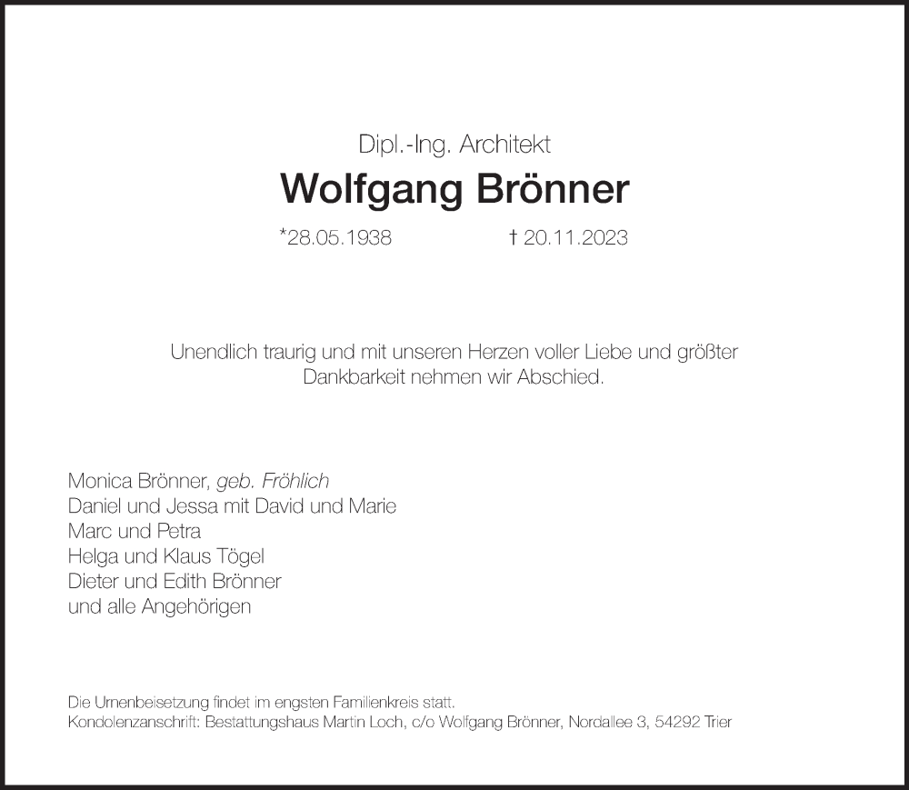  Traueranzeige für Wolfgang Brönner vom 25.11.2023 aus trierischer_volksfreund