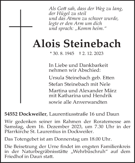 Traueranzeige von Alois Steinebach von trierischer_volksfreund