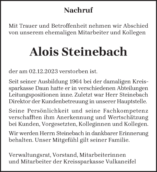 Traueranzeige von Alois Steinebach von trierischer_volksfreund