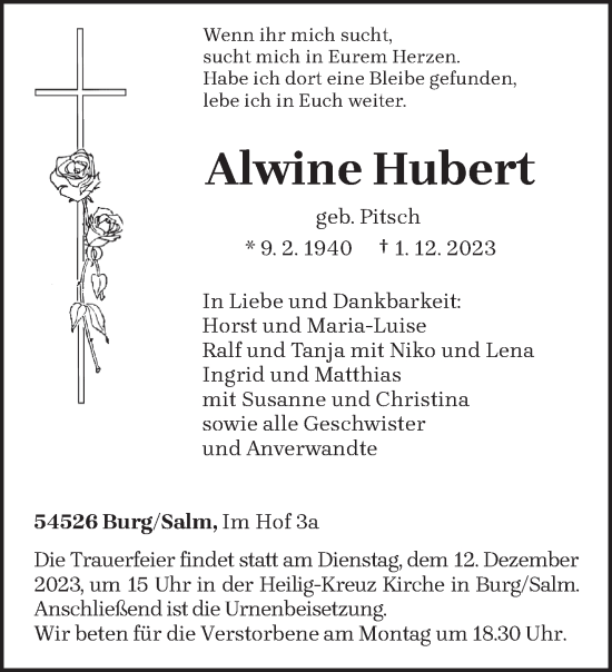 Traueranzeige von Alwine Hubert von trierischer_volksfreund