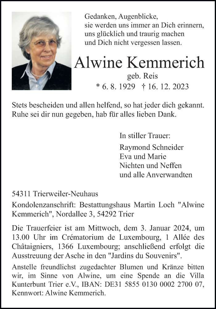  Traueranzeige für Alwine Kemmerich vom 27.12.2023 aus trierischer_volksfreund