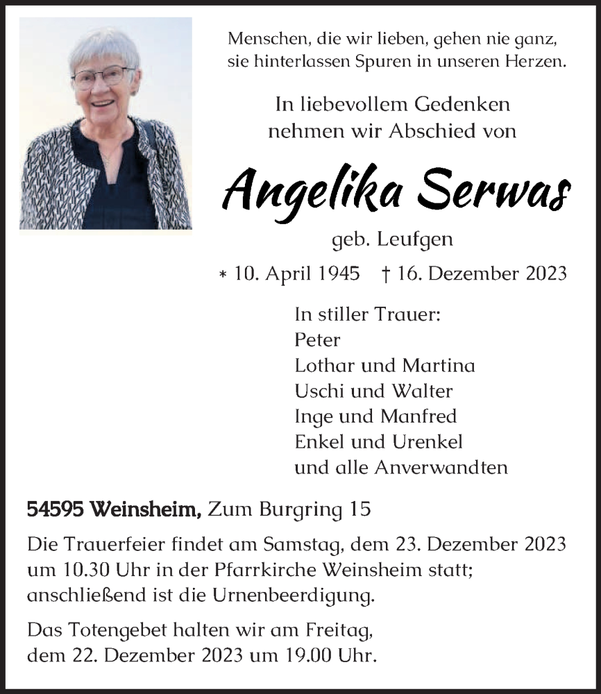  Traueranzeige für Angelika Serwas vom 20.12.2023 aus trierischer_volksfreund