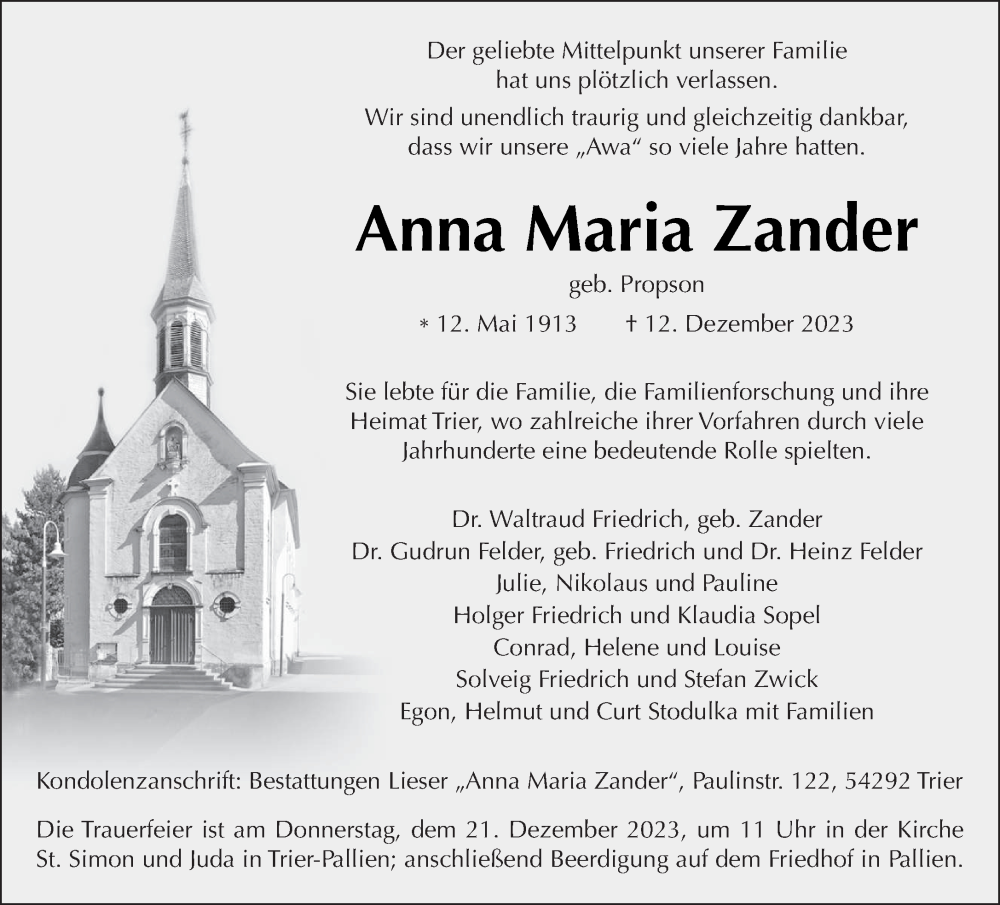  Traueranzeige für Anna Maria Zander vom 16.12.2023 aus trierischer_volksfreund