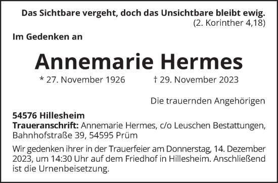 Traueranzeige von Annemarie Hermes von trierischer_volksfreund