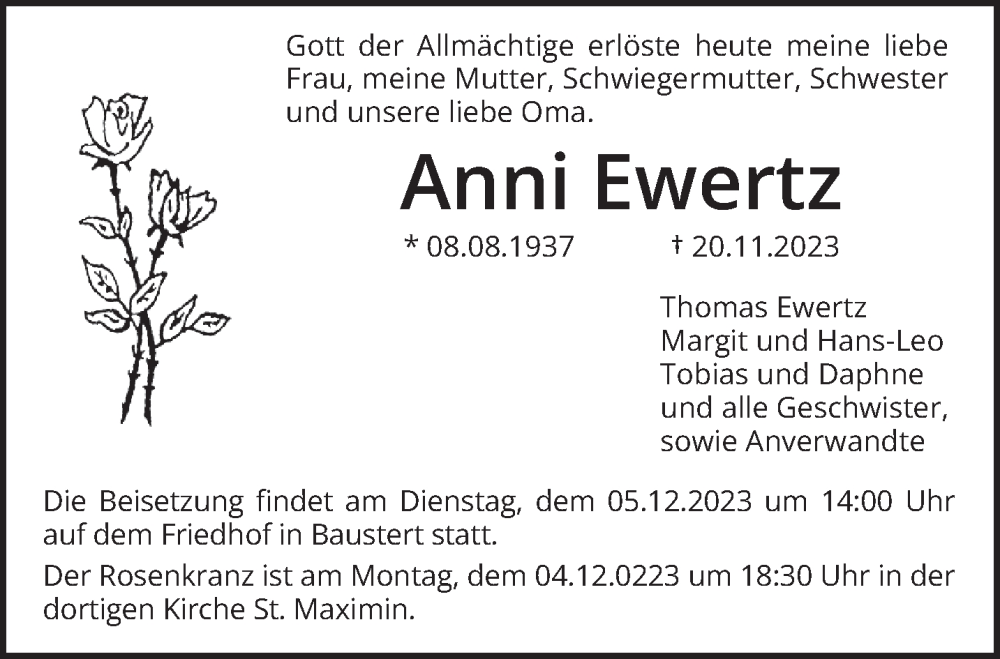  Traueranzeige für Anni Ewertz vom 04.12.2023 aus trierischer_volksfreund