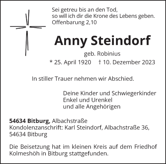 Traueranzeige von Anny Steindorf von trierischer_volksfreund