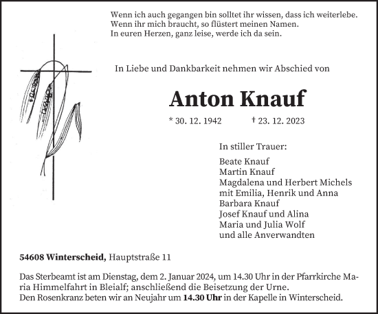 Traueranzeige von Anton Knauf von trierischer_volksfreund
