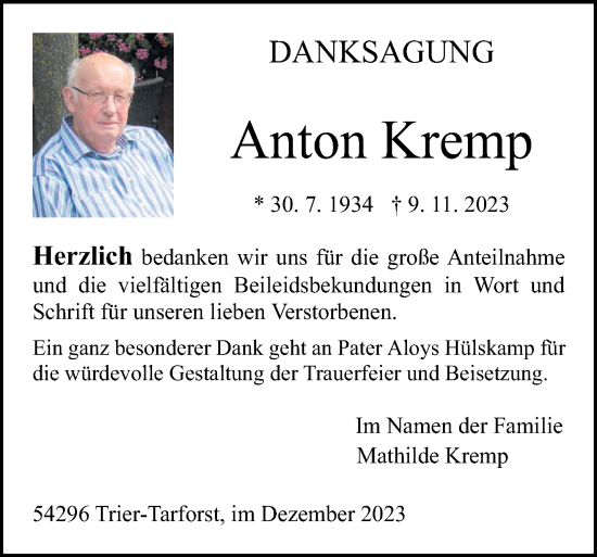 Traueranzeige von Anton Kremp von trierischer_volksfreund