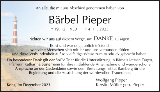 Traueranzeige von Bärbel Pieper von trierischer_volksfreund